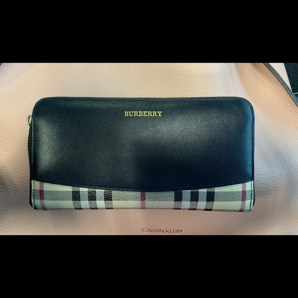 Burberry Black and  Check Zip Around Wallet